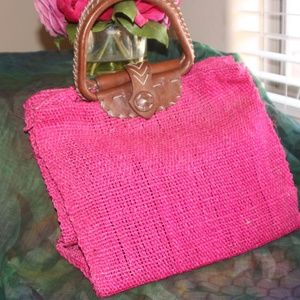 Vintage HOT PINK leather and natural fibers bag